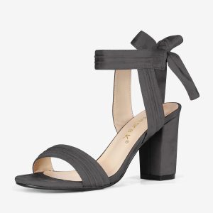 Open Toe Ankle Tie Back Faux Suede Chunky Heel Sandals Grey/6.5 - Allegra K catalog