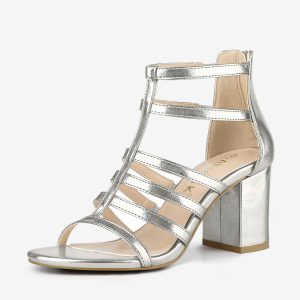 Cage Strappy Gladiators Chunky Heel Sandals Silver White/5 - Allegra K catalog