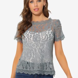 Lace Floral Scalloped Trim Short Sleeve Semi Sheer Blouse Grey/XS - Allegra K catalog