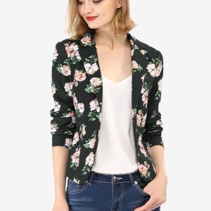 Open Front Notch Lapel Floral Business Casual Suit Blazer Black-Floral/L - Allegra K catalog