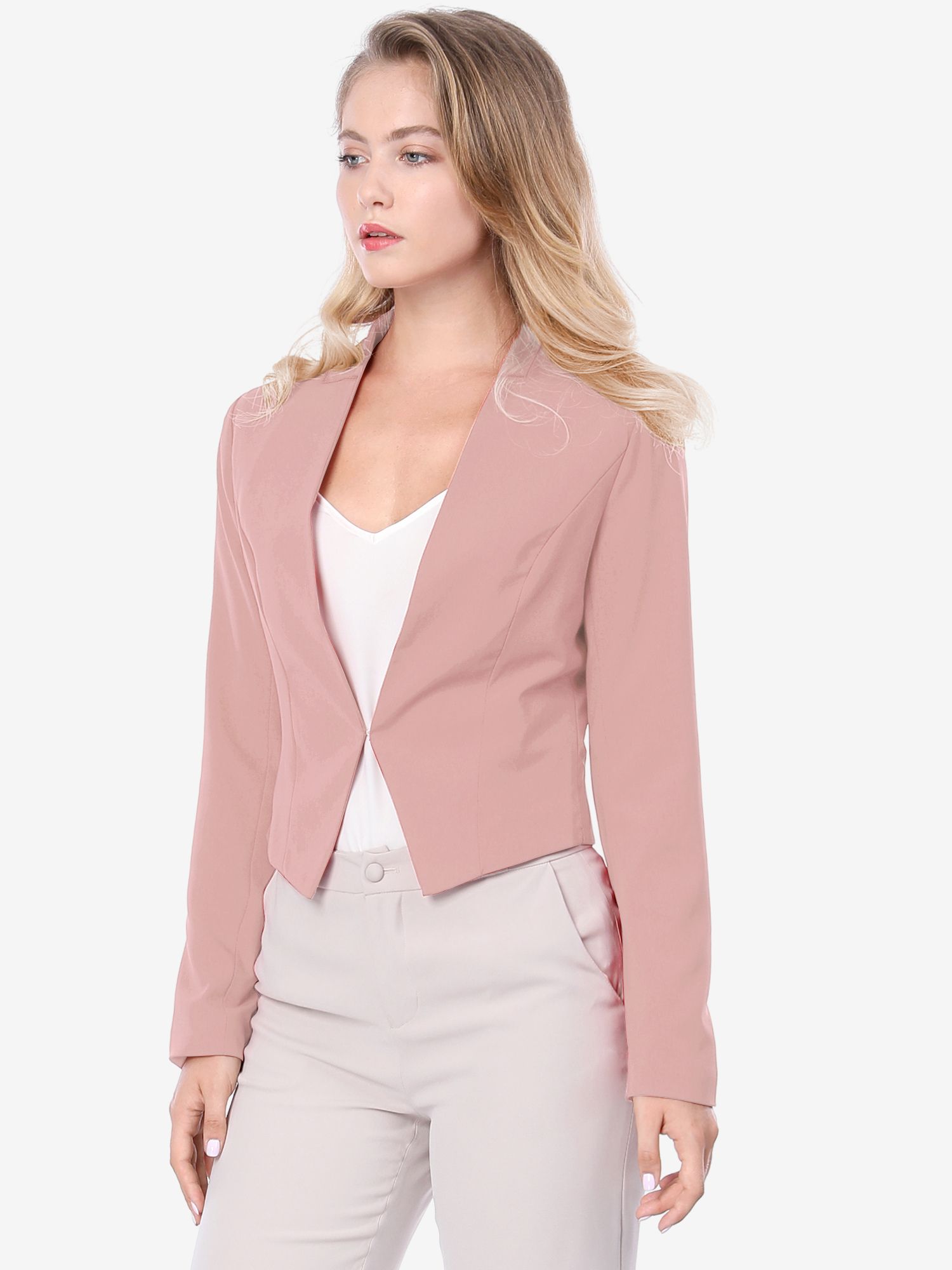 Solid Color Collarless Cropped Office Blazer Jacket Pink/L - Allegra K catalog