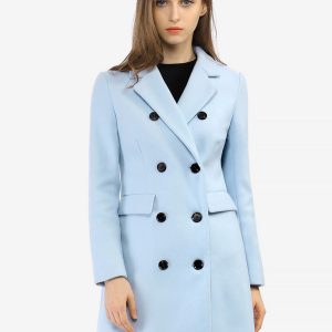 Winter Long Sleeve Notched Lapel Double Breasted Trench Coat Sky Blue/L - Allegra K catalog
