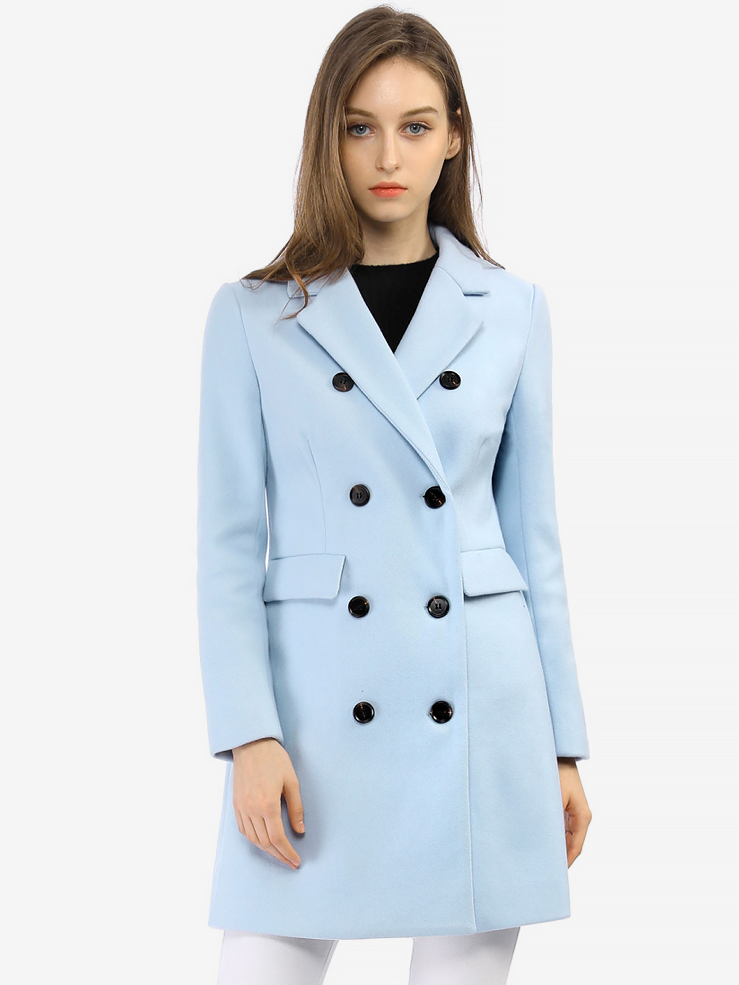 Winter Long Sleeve Notched Lapel Double Breasted Trench Coat Sky Blue/L - Allegra K catalog