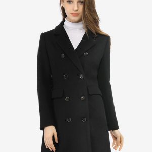 Winter Long Sleeve Notched Lapel Double Breasted Trench Coat Black/XS - Allegra K catalog