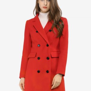 Winter Long Sleeve Notched Lapel Double Breasted Trench Coat Red/XS - Allegra K catalog
