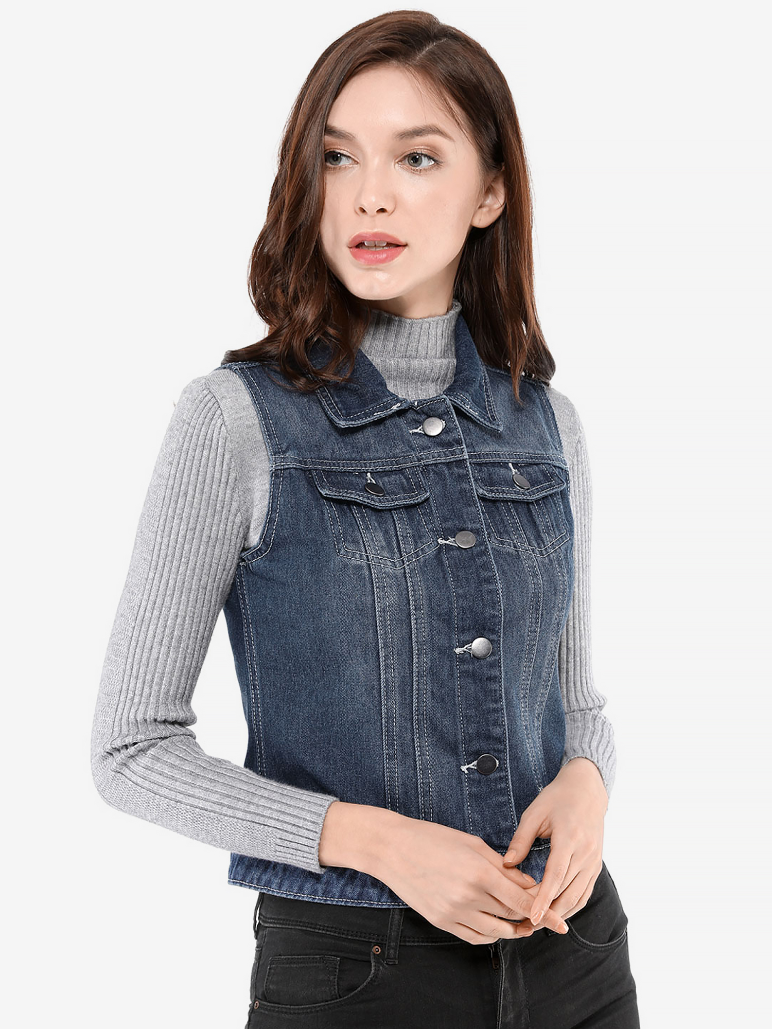 Flap Pocket Washed Buttoned Denim Jacket Vest Blue/M - Allegra K catalog