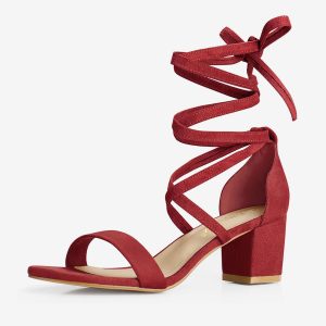 Faux Suede Open Toe Lace Up Mid Chunky Heel Sandals Red/10.5 - Allegra K catalog