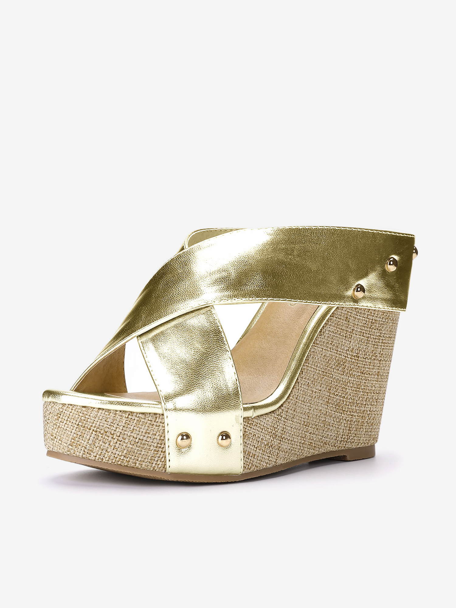 Crisscrossing Strap Platform Slide Wedge Sandals Gold Tone/10 - Allegra K catalog