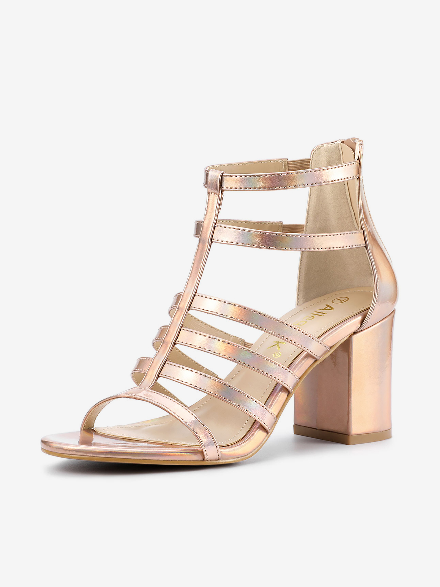 Cage Strappy Gladiators Chunky Heel Sandals Gradient Rose Gold/5 - Allegra K catalog