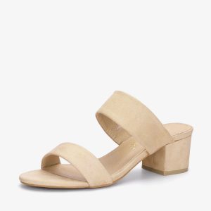 Round Toe Dual Straps Slide Block Heel Sandals Beige/7 - Allegra K catalog