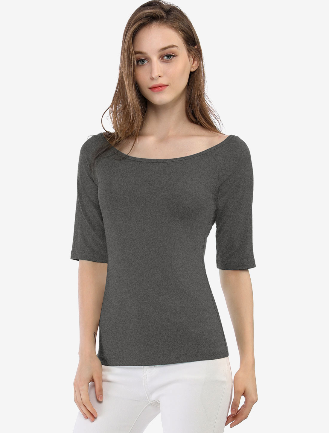 Scoop Neck Half Sleeves Fitted Layering Soft T-Shirt Dark Gray/XL - Allegra K catalog