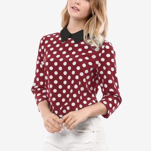Polka Dots Contrast Peter Pan Collar Top 3/4 Sleeve Blouse Shirt Red/M - Allegra K catalog