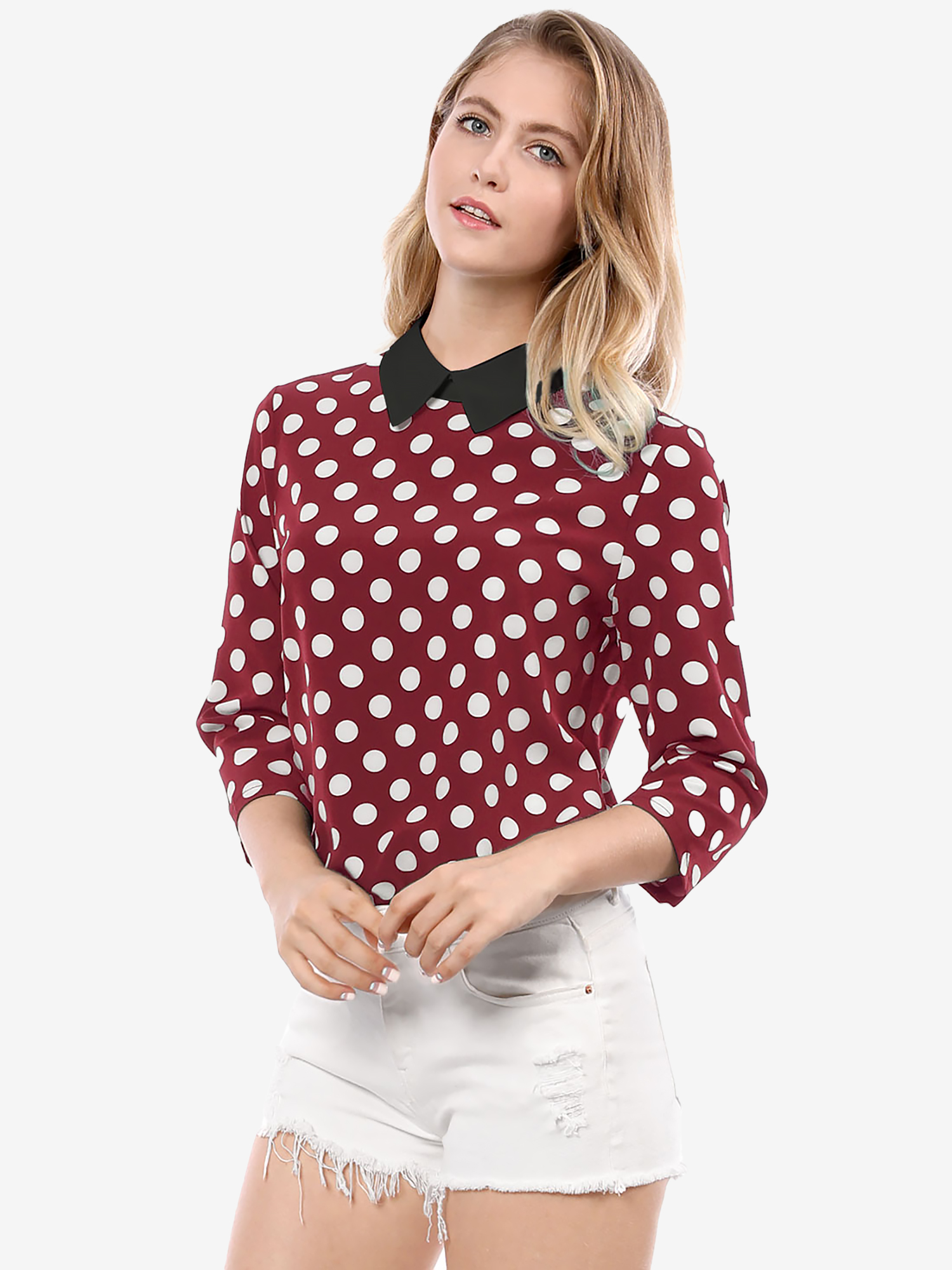 Polka Dots Contrast Peter Pan Collar Top 3/4 Sleeve Blouse Shirt Red/M - Allegra K catalog