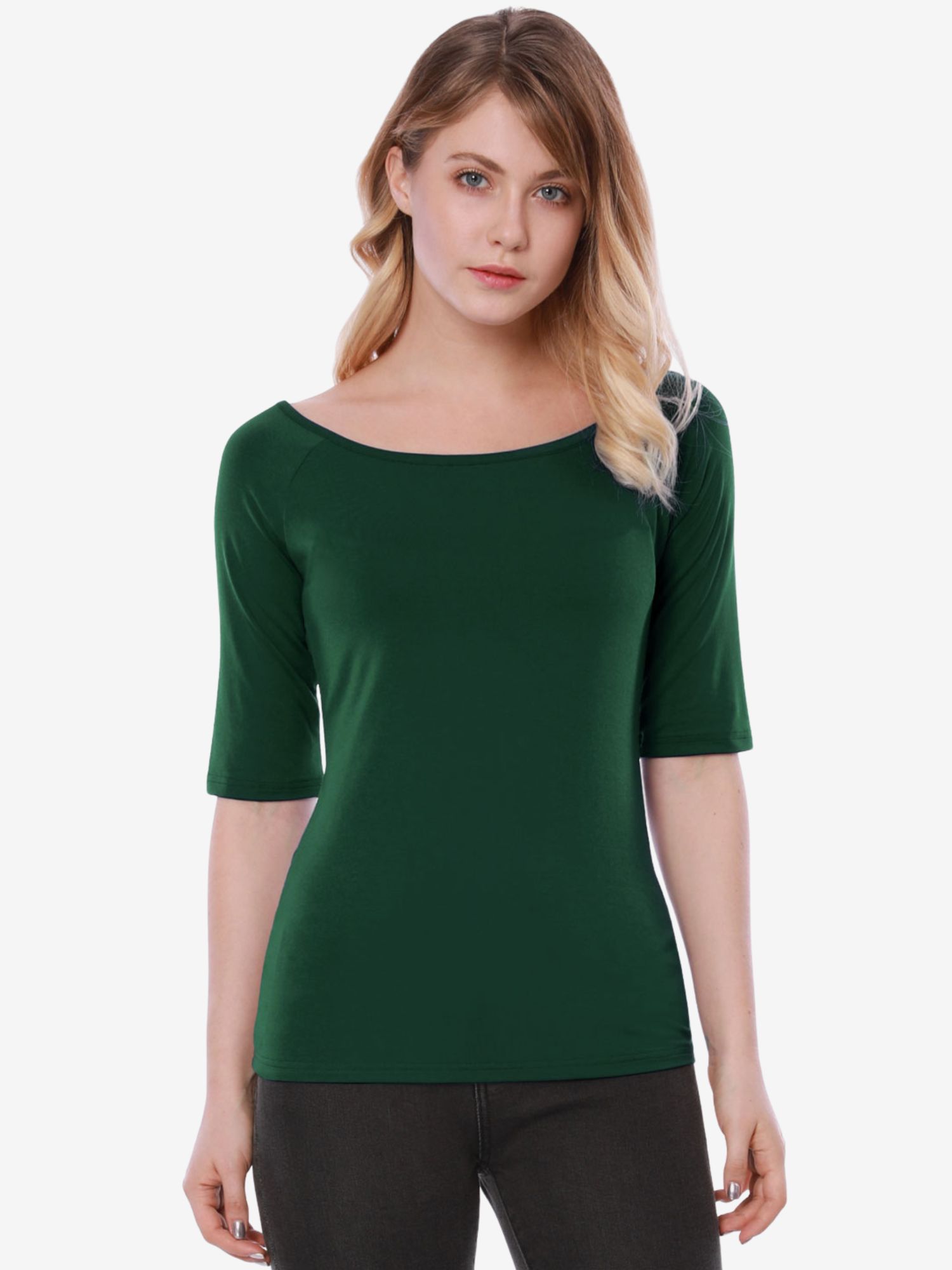 Scoop Neck Half Sleeves Fitted Layering Soft T-Shirt Olive Green/XS - Allegra K catalog
