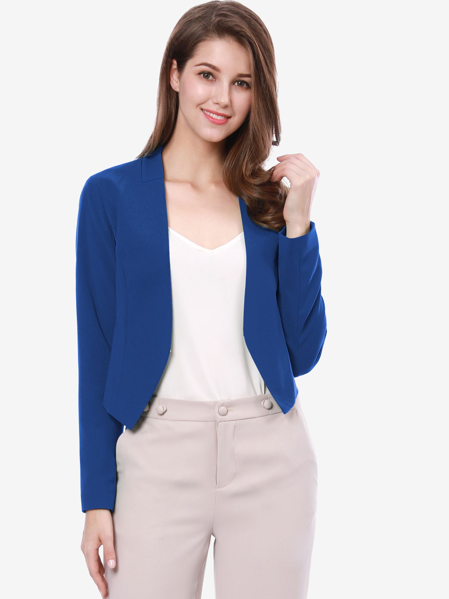 Solid Color Collarless Cropped Office Blazer Jacket Blue/XL - Allegra K catalog