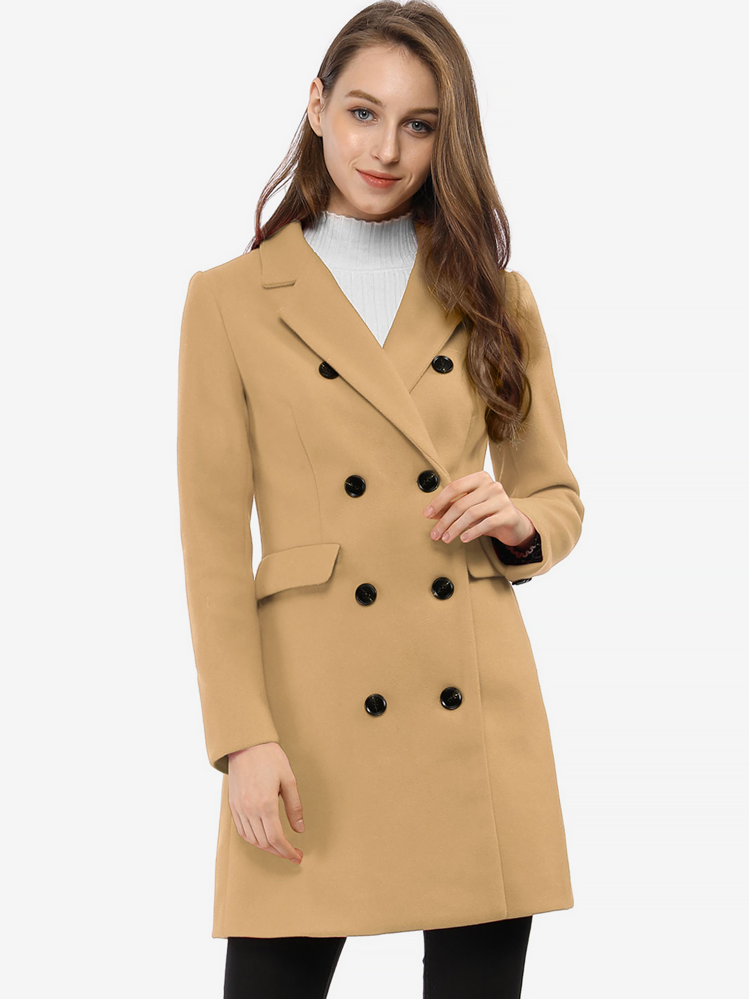 Winter Long Sleeve Notched Lapel Double Breasted Trench Coat Khaki/M - Allegra K catalog