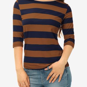 Striped 3/4 Sleeve Casual Basic Boat Neck T-shirt Brown Navy/S - Allegra K catalog