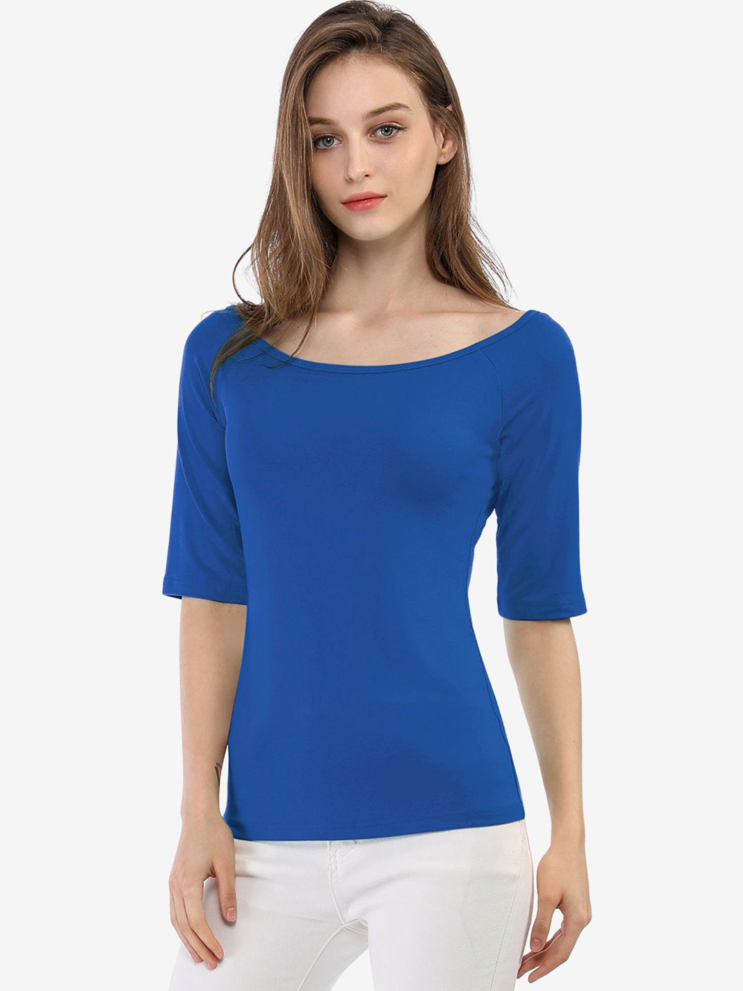 Scoop Neck Half Sleeves Fitted Layering Soft T-Shirt Royal Blue/XS - Allegra K catalog