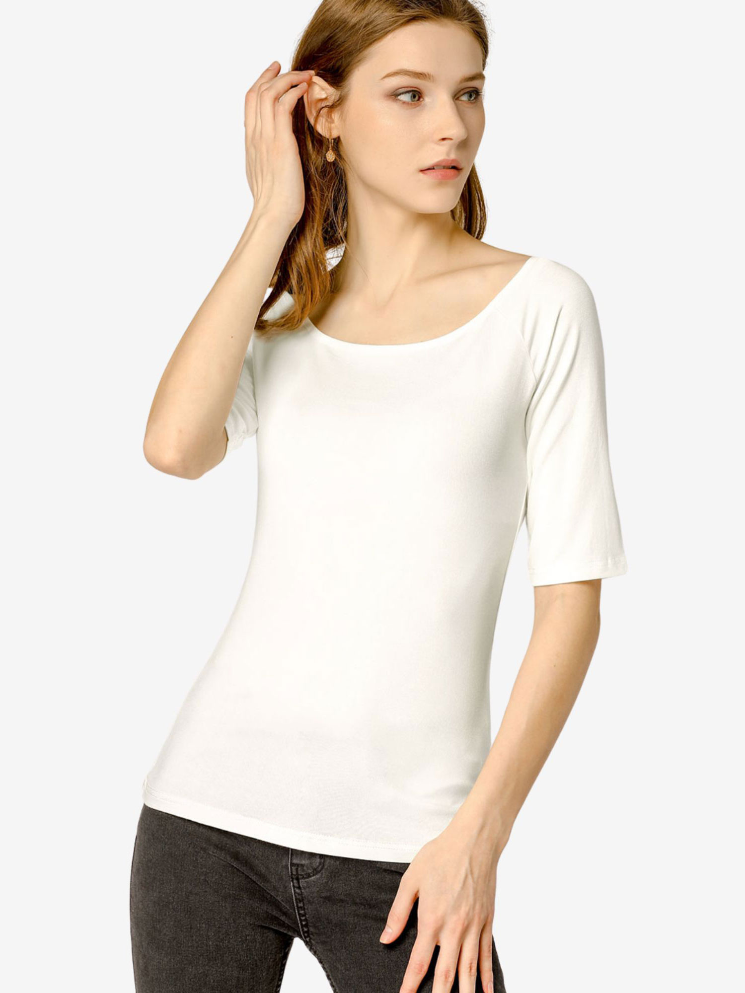 Scoop Neck Half Sleeves Fitted Layering Soft T-Shirt Beige/XS - Allegra K catalog