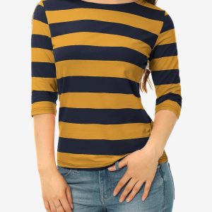 Striped 3/4 Sleeve Casual Basic Boat Neck T-shirt Mustard Navy/M - Allegra K catalog