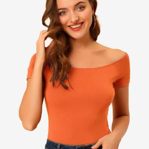 Off Shoulder Short Sleeve Solid Basic Sexy Slim Fit Blouse Orange/XS - Allegra K catalog