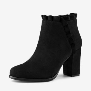 Pointed Toe Ruffle Block Heel Side Zipper Ankle Boots Black/8 - Allegra K catalog