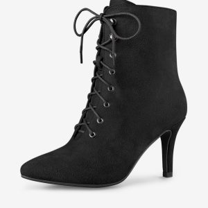 Pointy Toe Zip Lace Up Stiletto Heel Ankle Boots Black/9.5 - Allegra K catalog
