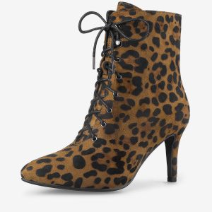 Pointy Toe Zip Lace Up Stiletto Heel Ankle Boots Leopard/5.5 - Allegra K catalog