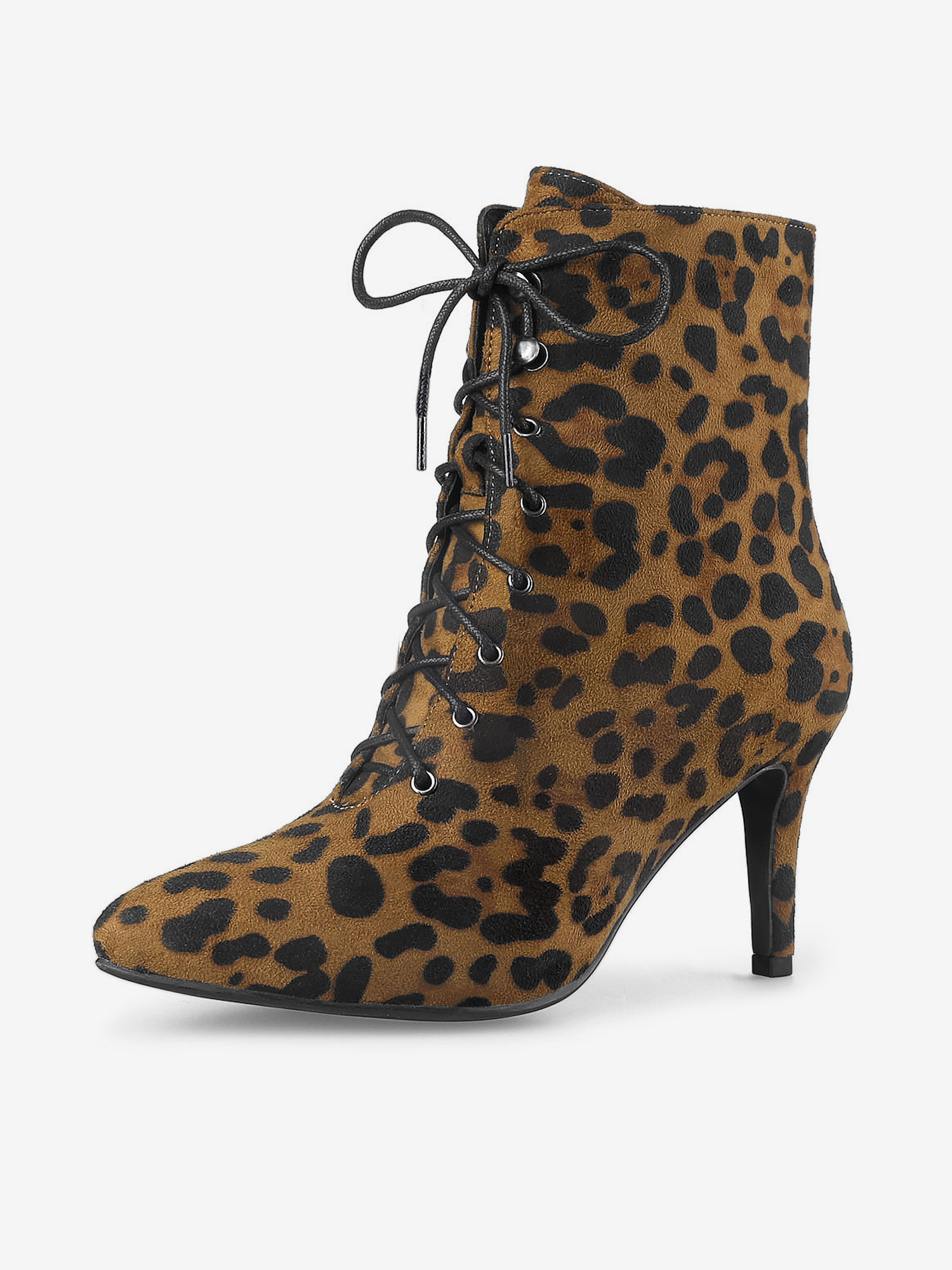 Pointy Toe Zip Lace Up Stiletto Heel Ankle Boots Leopard/9 - Allegra K catalog