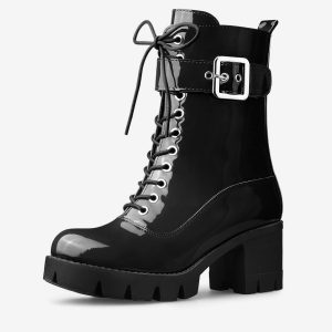 Zip Platform Chunky Heel Combat Boots Black/10 - Allegra K catalog