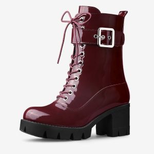 Zip Platform Chunky Heel Combat Boots Burgundy/7 - Allegra K catalog
