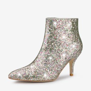 Glitter Pointed Toe Kitten Heel Zipper Ankle Boots Silver/8 - Allegra K catalog