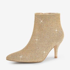 Glitter Pointed Toe Kitten Heel Zipper Ankle Boots Gold/6 - Allegra K catalog