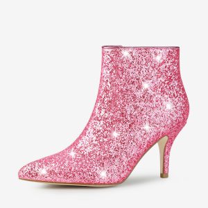 Glitter Pointed Toe Kitten Heel Zipper Ankle Boots Pink/6 - Allegra K catalog