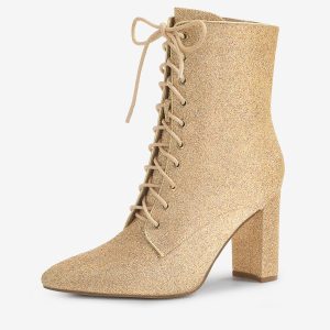 Glitter Pointed Toe Block Heel Halloween Ankle Boots Gold/6 - Allegra K catalog