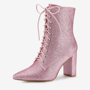 Glitter Pointed Toe Block Heel Halloween Ankle Boots Pink/6 - Allegra K catalog