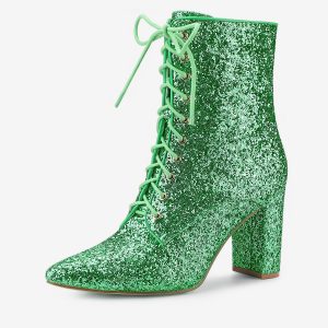 Glitter Pointed Toe Block Heel Halloween Ankle Boots Green/10 - Allegra K catalog