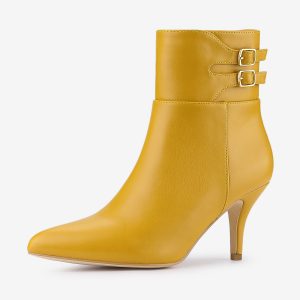 Pointed Toe Buckle Stiletto Heel Ankle Boots Yellow/7 - Allegra K catalog