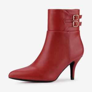 Pointed Toe Buckle Stiletto Heel Ankle Boots Red/7 - Allegra K catalog