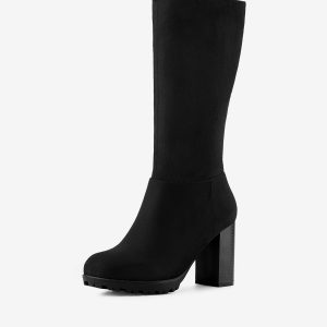 Faux Suede Mid Calf Block Heel Side Zipper Mid-Calf Boots Black/10 - Allegra K catalog