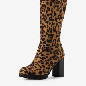 Faux Suede Mid Calf Block Heel Side Zipper Mid-Calf Boots Leopard/6 - Allegra K catalog