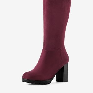 Faux Suede Mid Calf Block Heel Side Zipper Mid-Calf Boots Burgundy/6 - Allegra K catalog