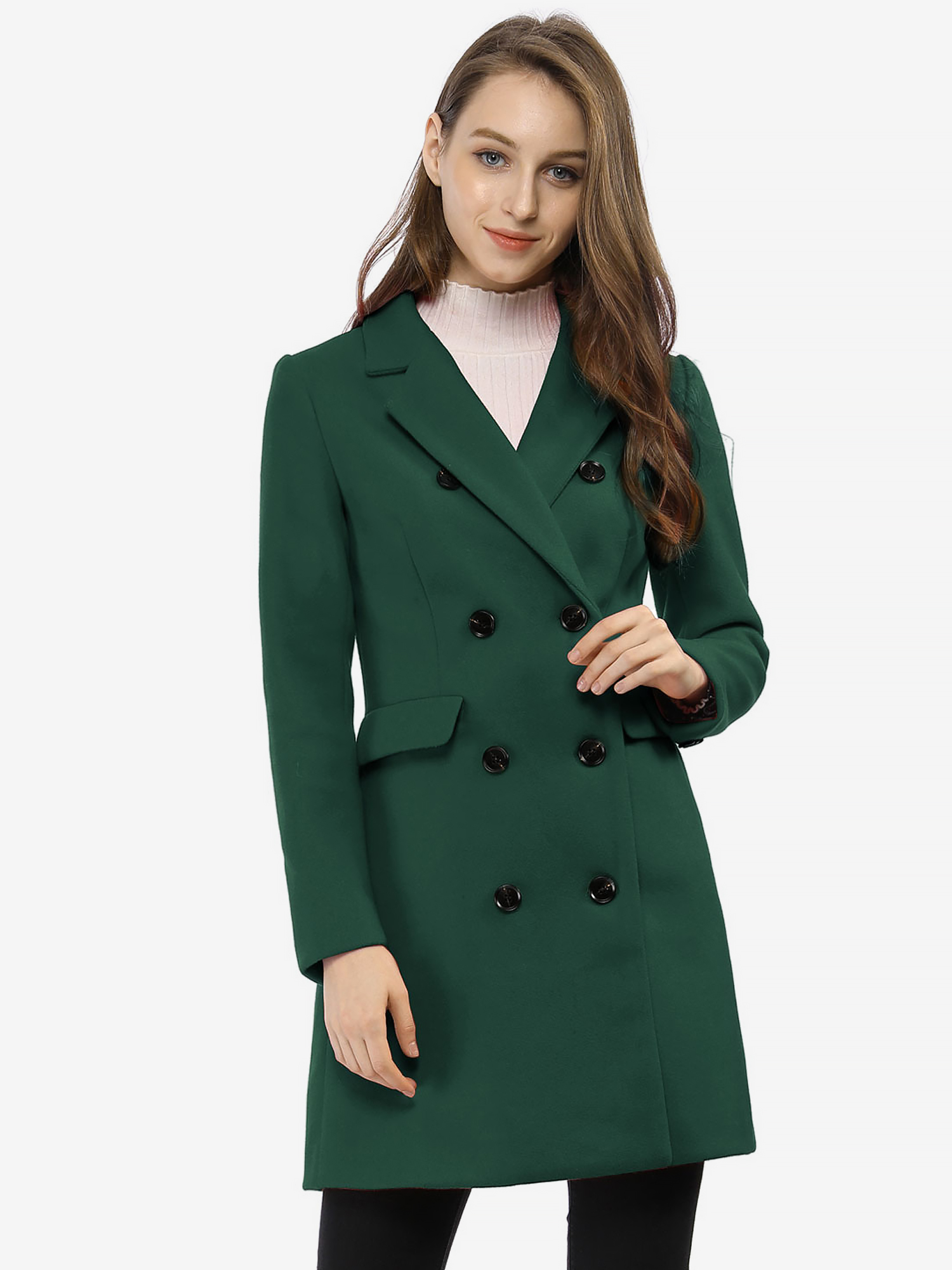 Winter Long Sleeve Notched Lapel Double Breasted Trench Coat Green/M - Allegra K catalog