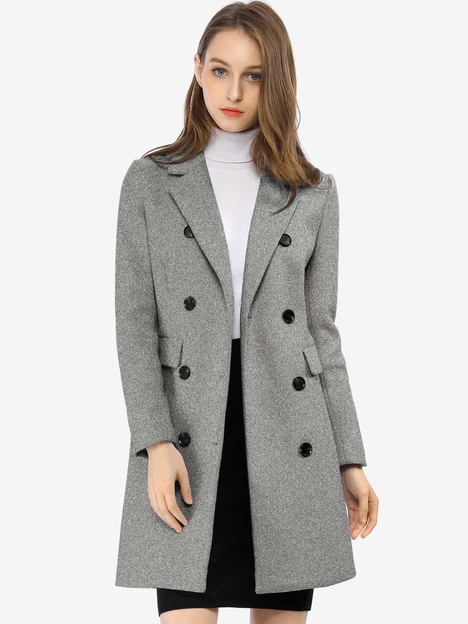 Winter Long Sleeve Notched Lapel Double Breasted Trench Coat Grey/M - Allegra K catalog