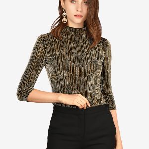 Party Glitter 3/4 Sleeve Shiny Striped Metallic Tops Gold Black/M - Allegra K catalog
