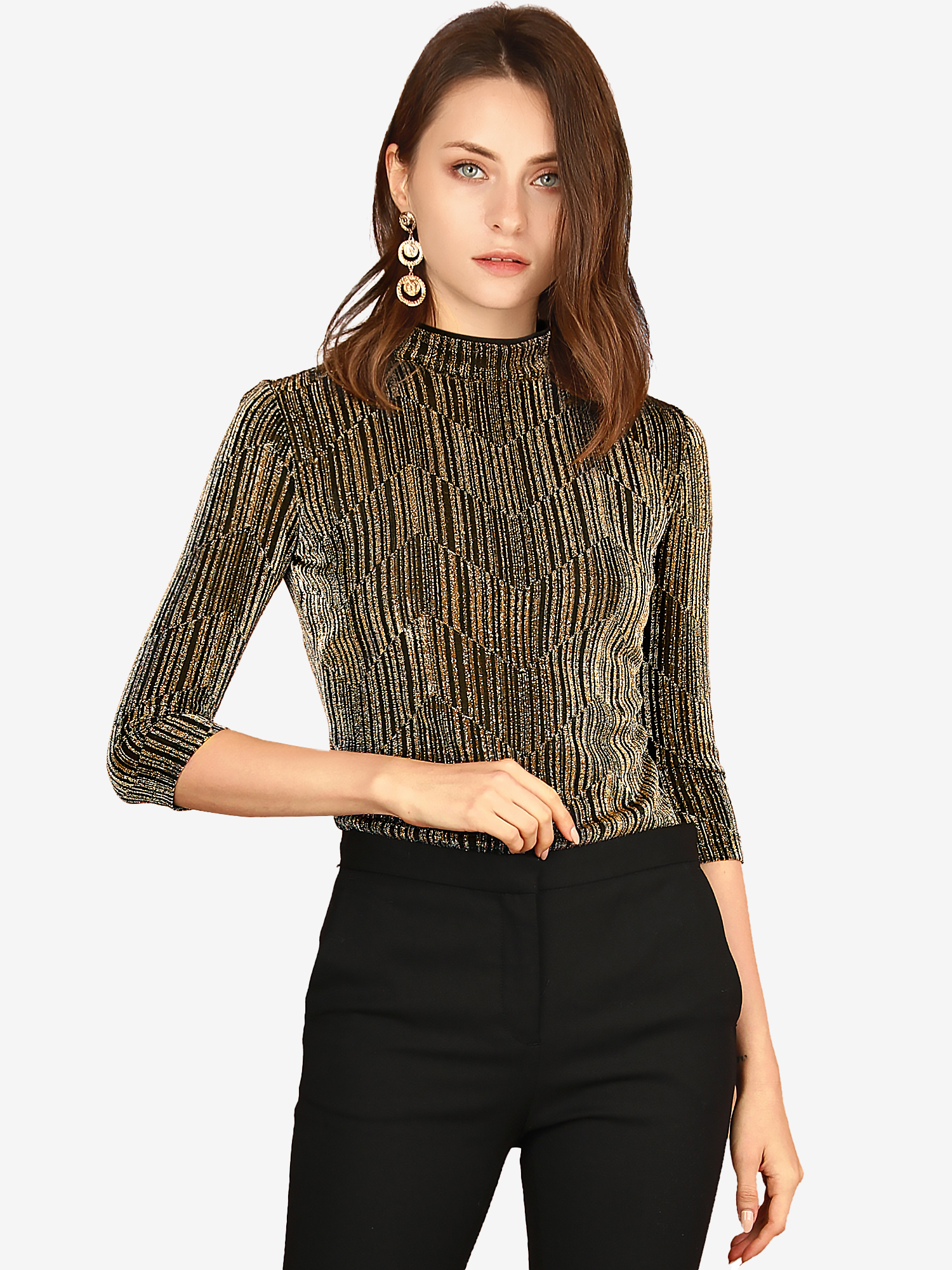 Party Glitter 3/4 Sleeve Shiny Striped Metallic Tops Gold Black/M - Allegra K catalog