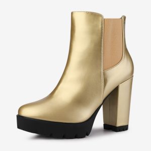 Round Toe Zipper Block Heel Platform Ankle Boots Gold/7 - Allegra K catalog