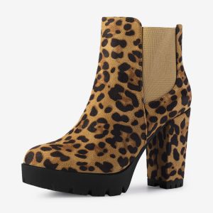 Round Toe Zipper Block Heel Platform Ankle Boots Leopard/6.5 - Allegra K catalog