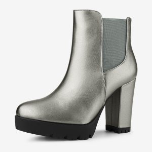 Round Toe Zipper Block Heel Platform Ankle Boots Silver Grey/6 - Allegra K catalog