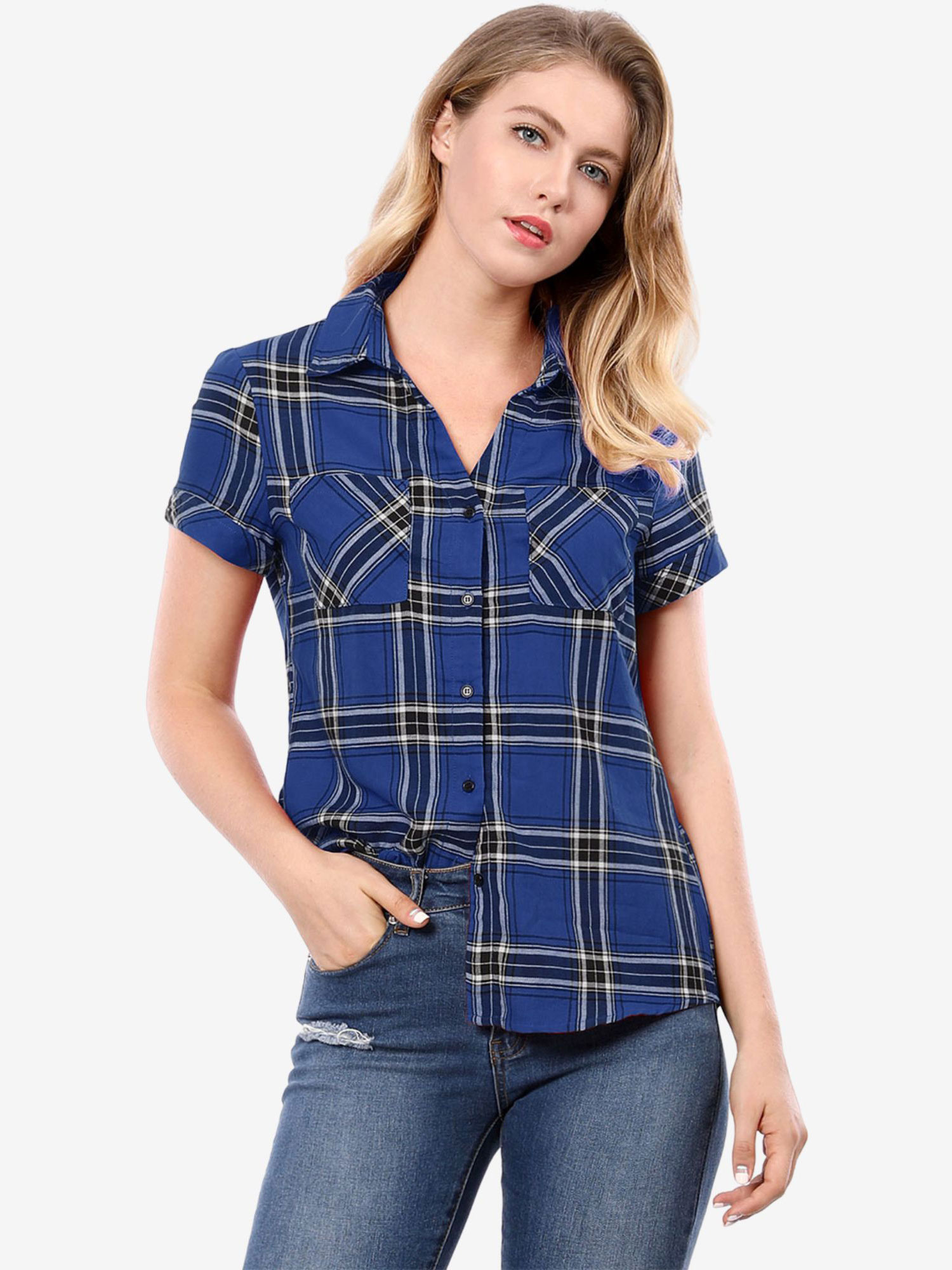 Button Down Cotton Classic Western Plaid Shirt Blue/M - Allegra K catalog